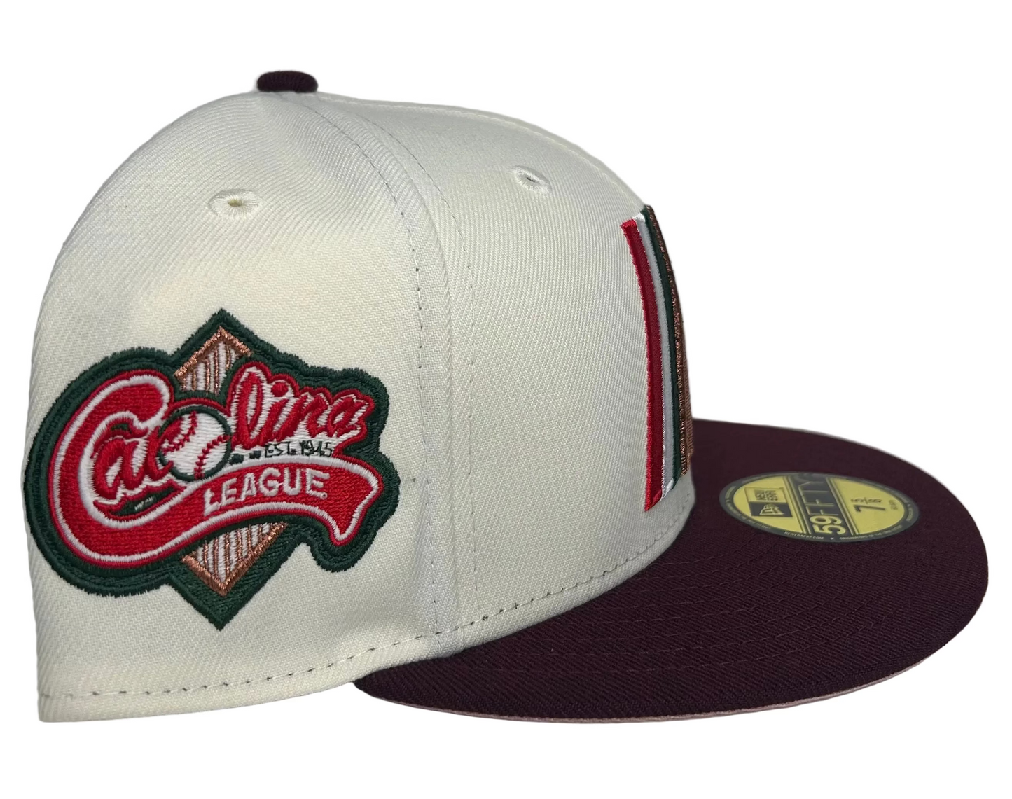 Fayetteville Woodpeckers 2-Tone White & Burgundy W/ a Pink UV, Carolina League Side Patch New Era 59Fifty fitted hat.