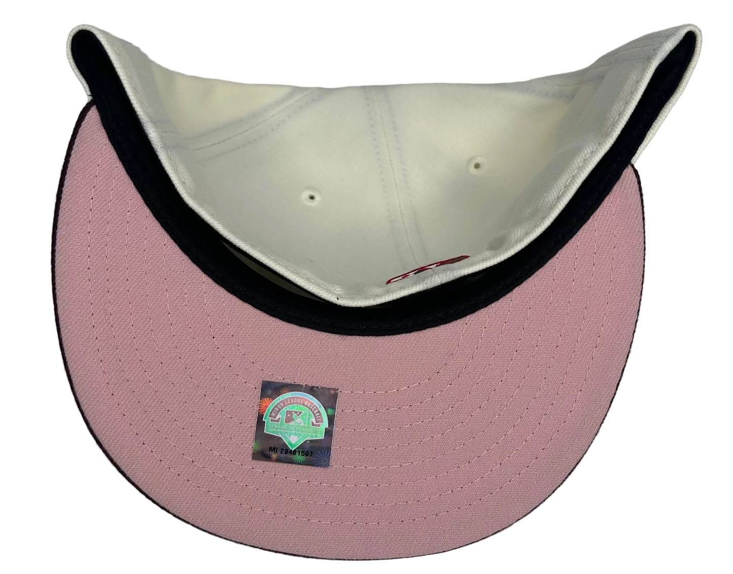 Fayetteville Woodpeckers 2-Tone White & Burgundy W/ a Pink UV, Carolina League Side Patch New Era 59Fifty fitted hat.