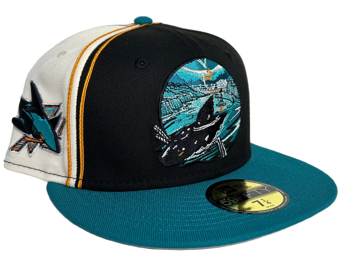 San Jose Sharks New Era 59FIFTY fitted hat features a unique graphic patch on the front, along with a team logo patch on the side. 
