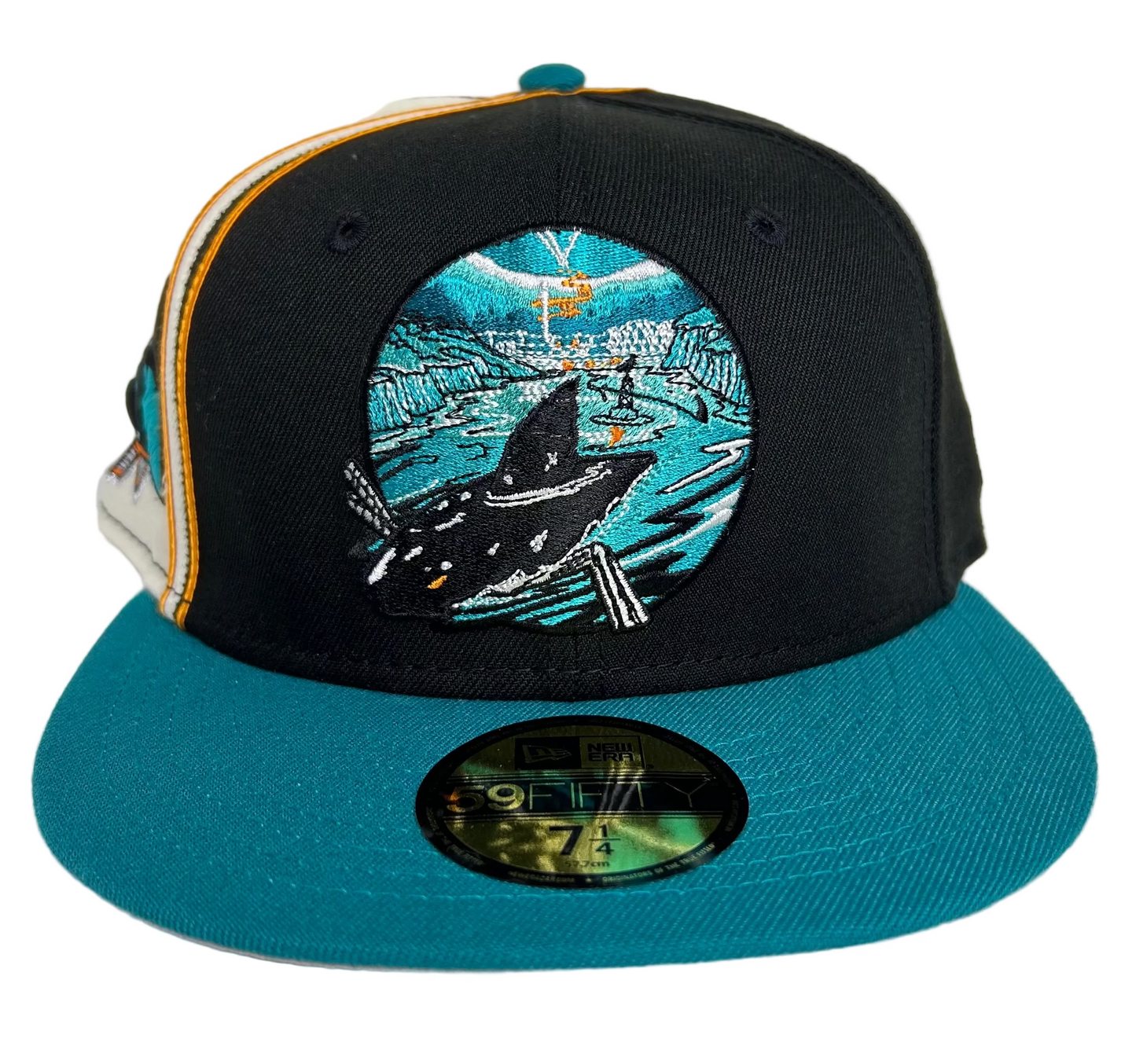San Jose Sharks New Era 59FIFTY fitted hat features a unique graphic patch on the front, along with a team logo patch on the side. 