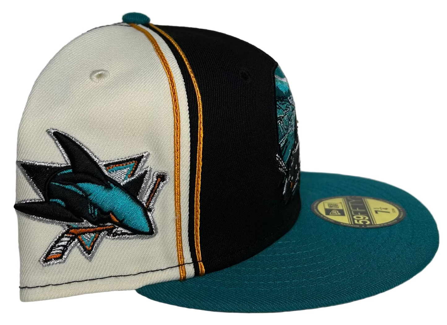 San Jose Sharks New Era 59FIFTY fitted hat features a unique graphic patch on the front, along with a team logo patch on the side. 