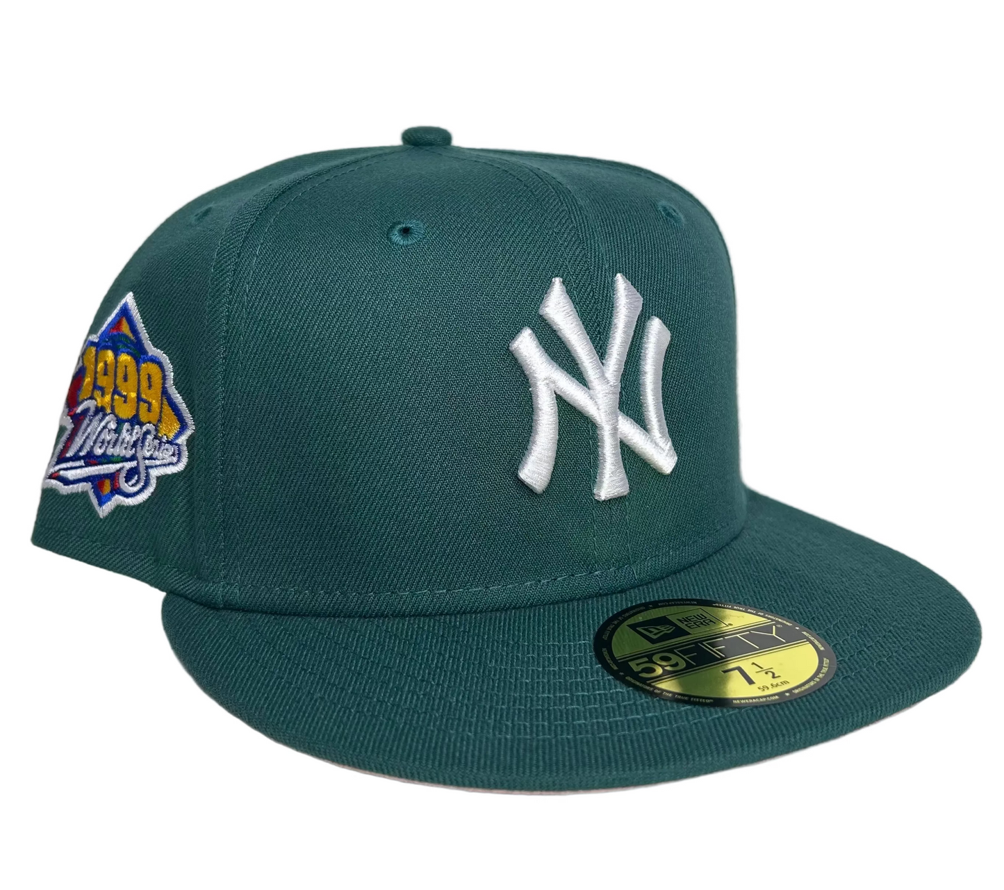 New Era New York Yankees 59FIFTY fitted hat featuring a 1999 World Series side patch and a teal green colorway W/ a pink UV.