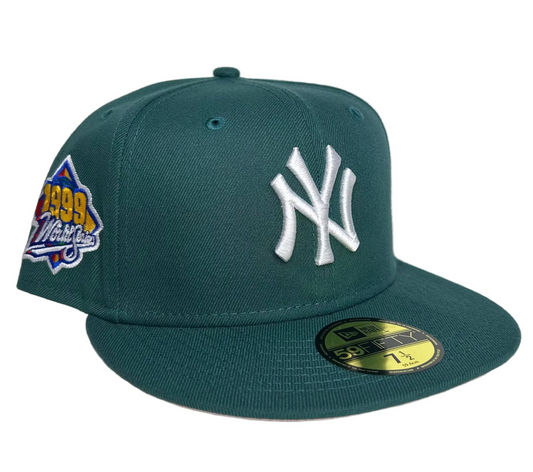 New Era New York Yankees 59FIFTY fitted hat featuring a 1999 World Series side patch and a teal green colorway W/ a pink UV.
