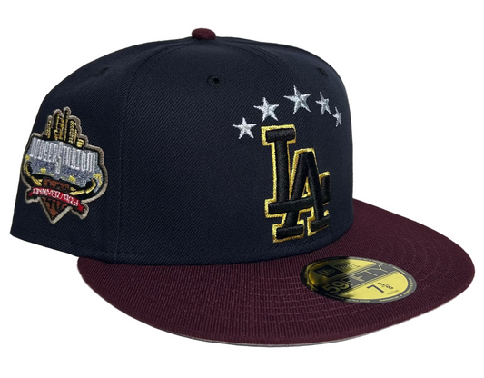 New Era 59FIFTY Los Angeles Dodgers featuring a maroon brim, a navy blue crown, and a side patch celebrating either a 40th anniversary at Dodger Stadium fitted Hat.