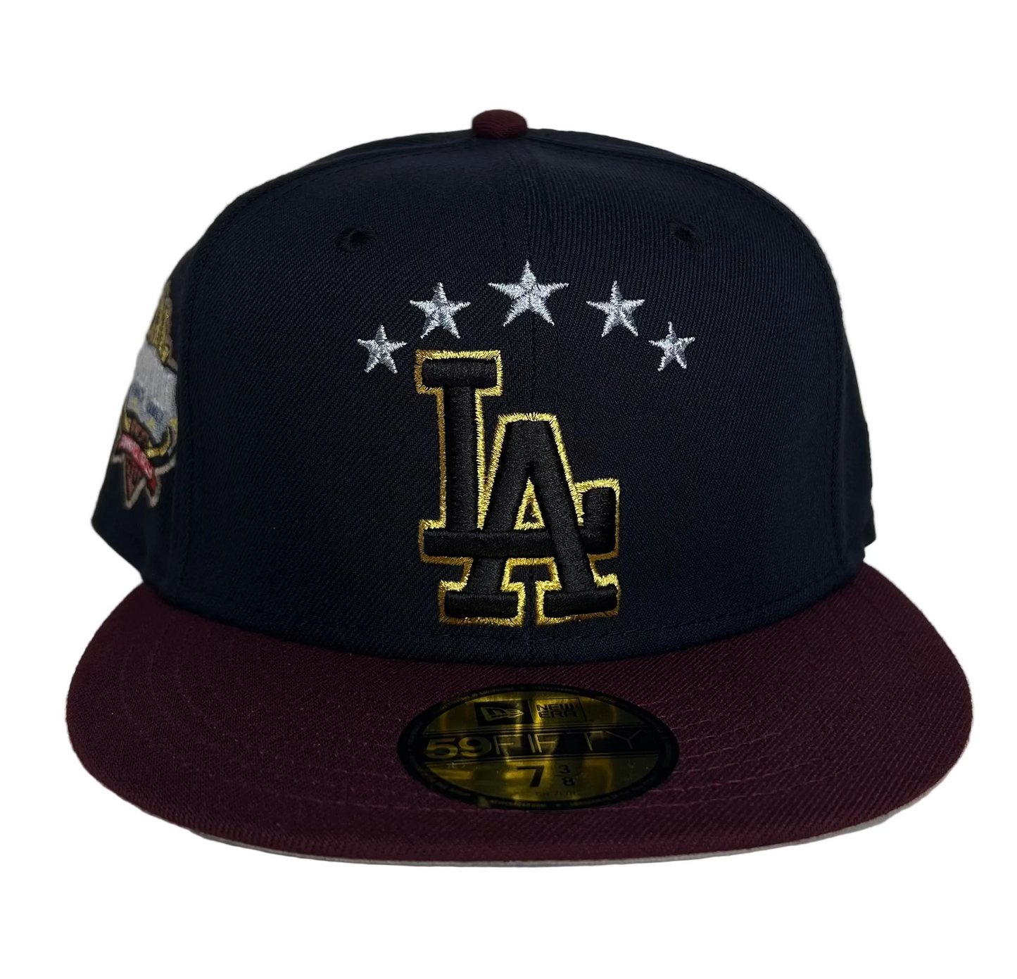 New Era 59FIFTY Los Angeles Dodgers featuring a maroon brim, a navy blue crown, and a side patch celebrating either a 40th anniversary at Dodger Stadium fitted Hat.