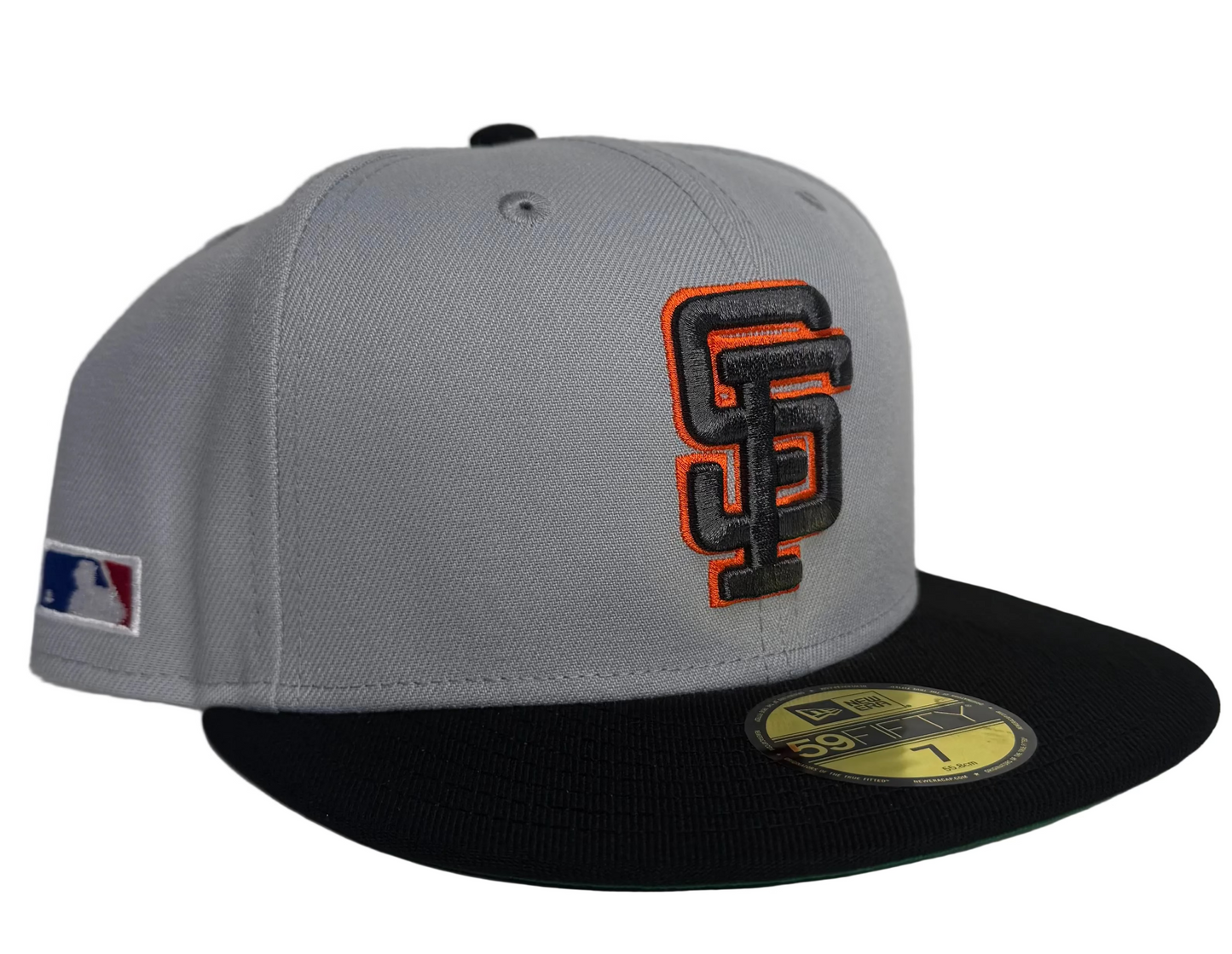 New Era San Francisco Giants 59FIFTY fitted hat, specifically a gray and black two-tone version W/ a Side Batty & Green UV.