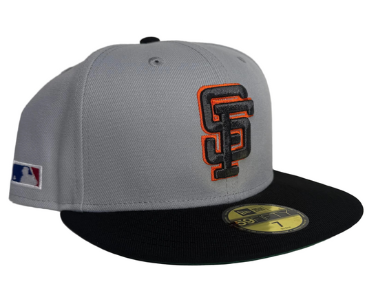 New Era San Francisco Giants 59FIFTY fitted hat, specifically a gray and black two-tone version W/ a Side Batty & Green UV.