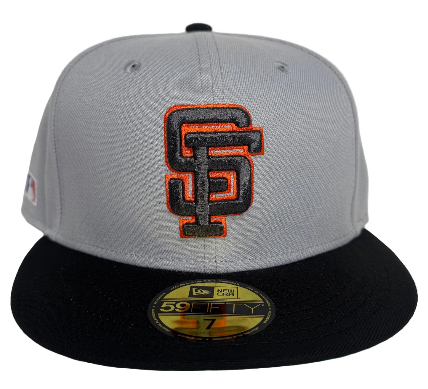 New Era San Francisco Giants 59FIFTY fitted hat, specifically a gray and black two-tone version W/ a Side Batty & Green UV.