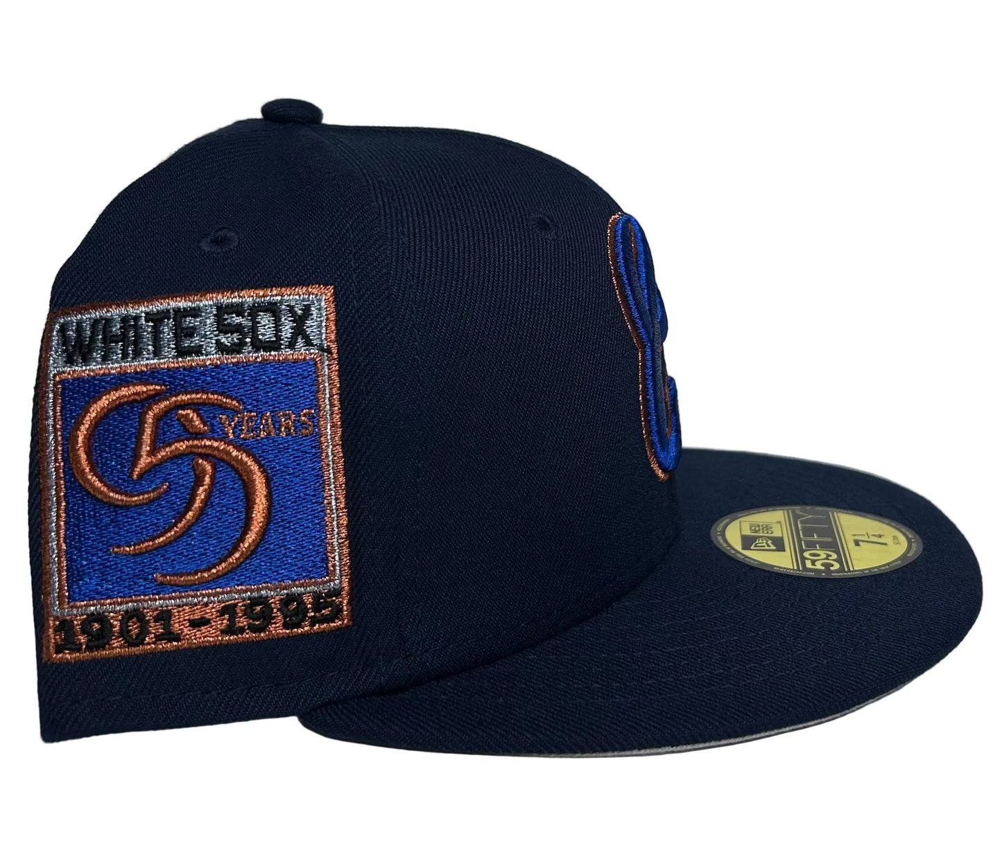 Navy & Copper Chicago White Sox New Era 59FIFTY fitted hat features a stylized "C" logo and a 95th-anniversary side patch.