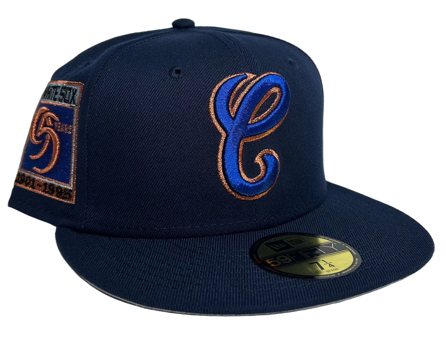 Navy & Copper Chicago White Sox New Era 59FIFTY fitted hat features a stylized "C" logo and a 95th-anniversary side patch.