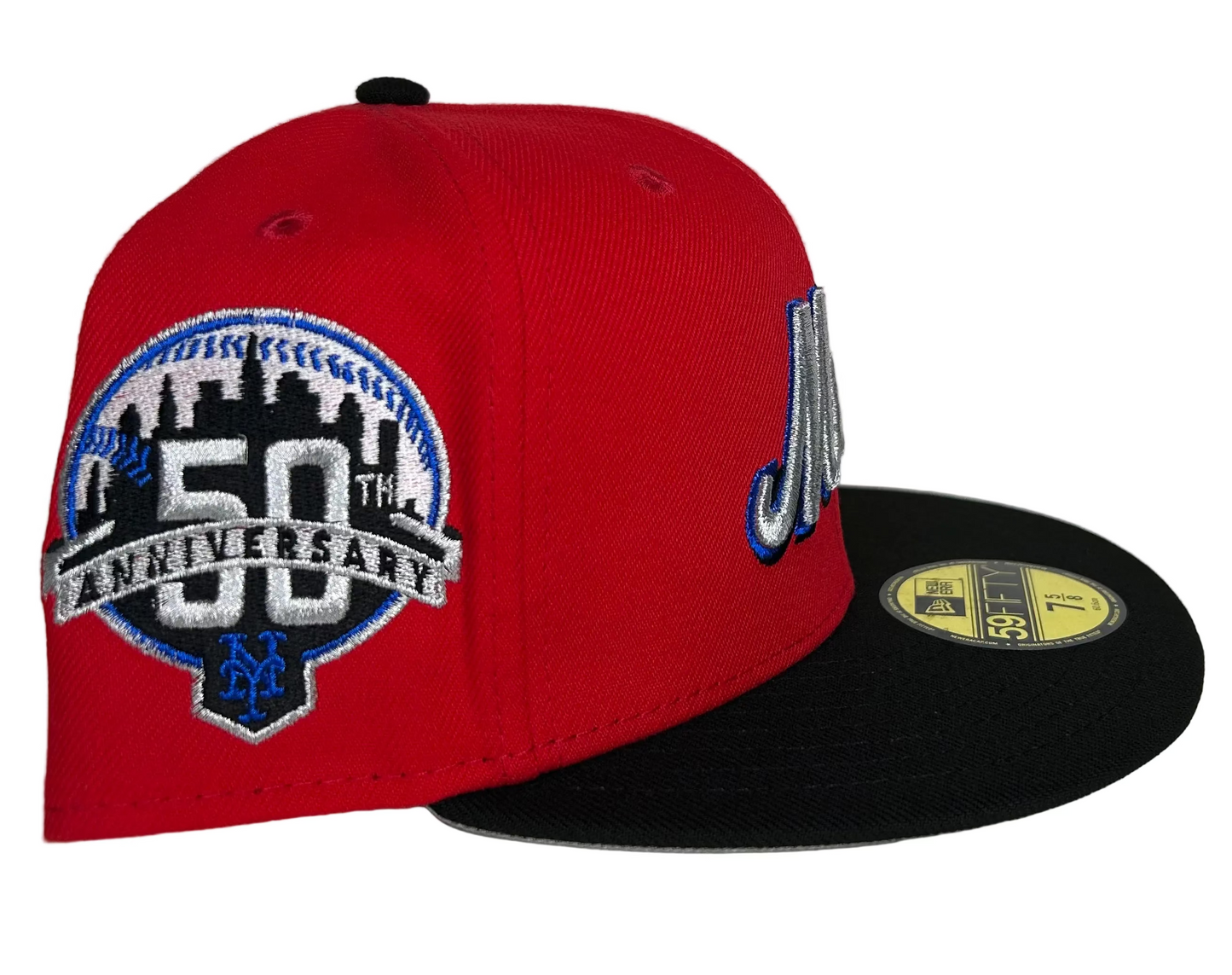 Black New York Mets W/ a 50th Anniversary Side Patch 59fifty New Era Fitted Hat.