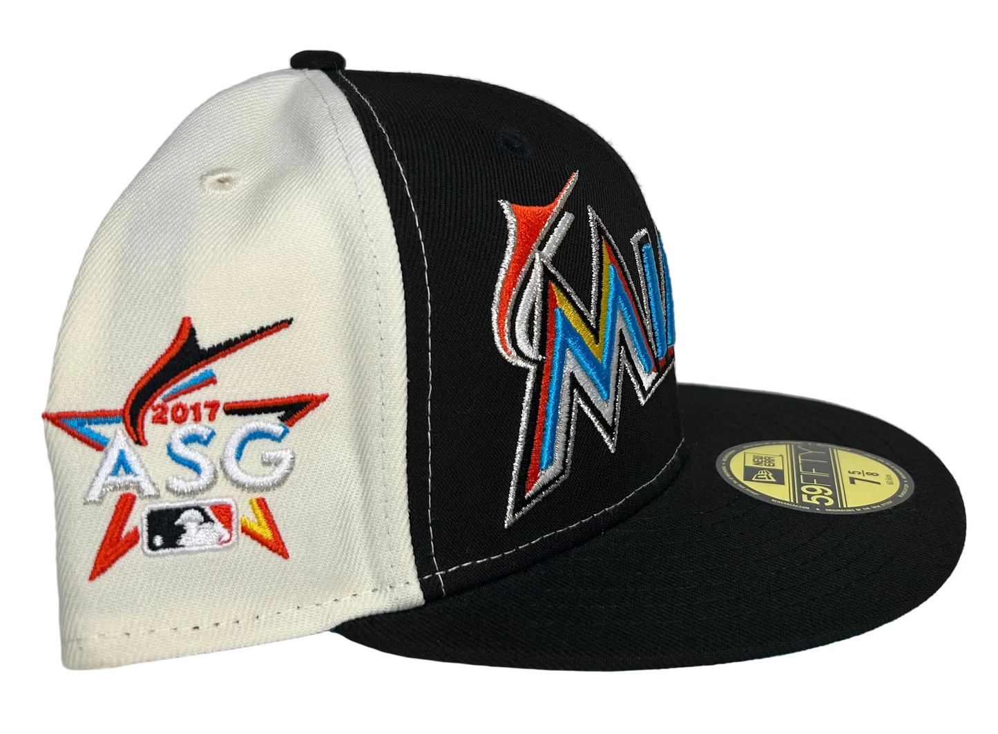 Miami Marlins New Era 59FIFTY Fitted Hat. It features the team's "MIAMI" wordmark logo in a vibrant multi-colored embroidery on the front.