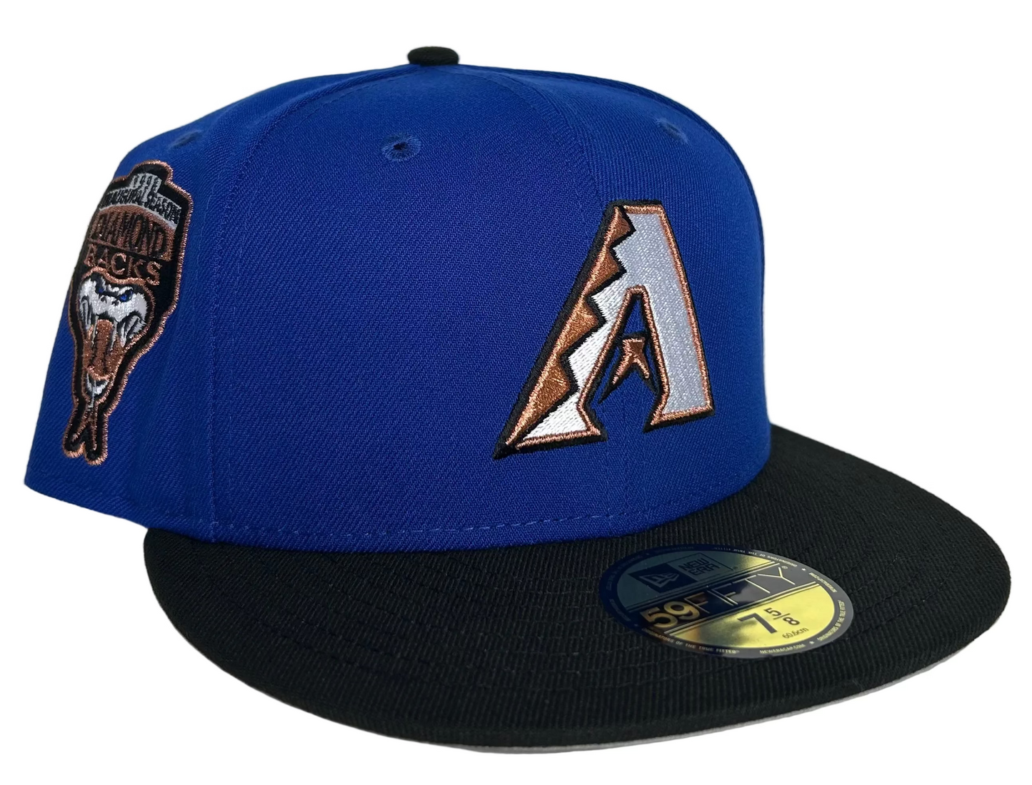 Arizona Diamondbacks Royal Black Hat God 5 Arrival Fitted World1803 1998 Inaugural Season Patch Gray UV 59FIFTY Fitted Hat.