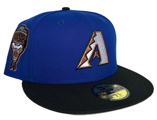 Arizona Diamondbacks Royal Black Hat God 5 Arrival Fitted World1803 1998 Inaugural Season Patch Gray UV 59FIFTY Fitted Hat.