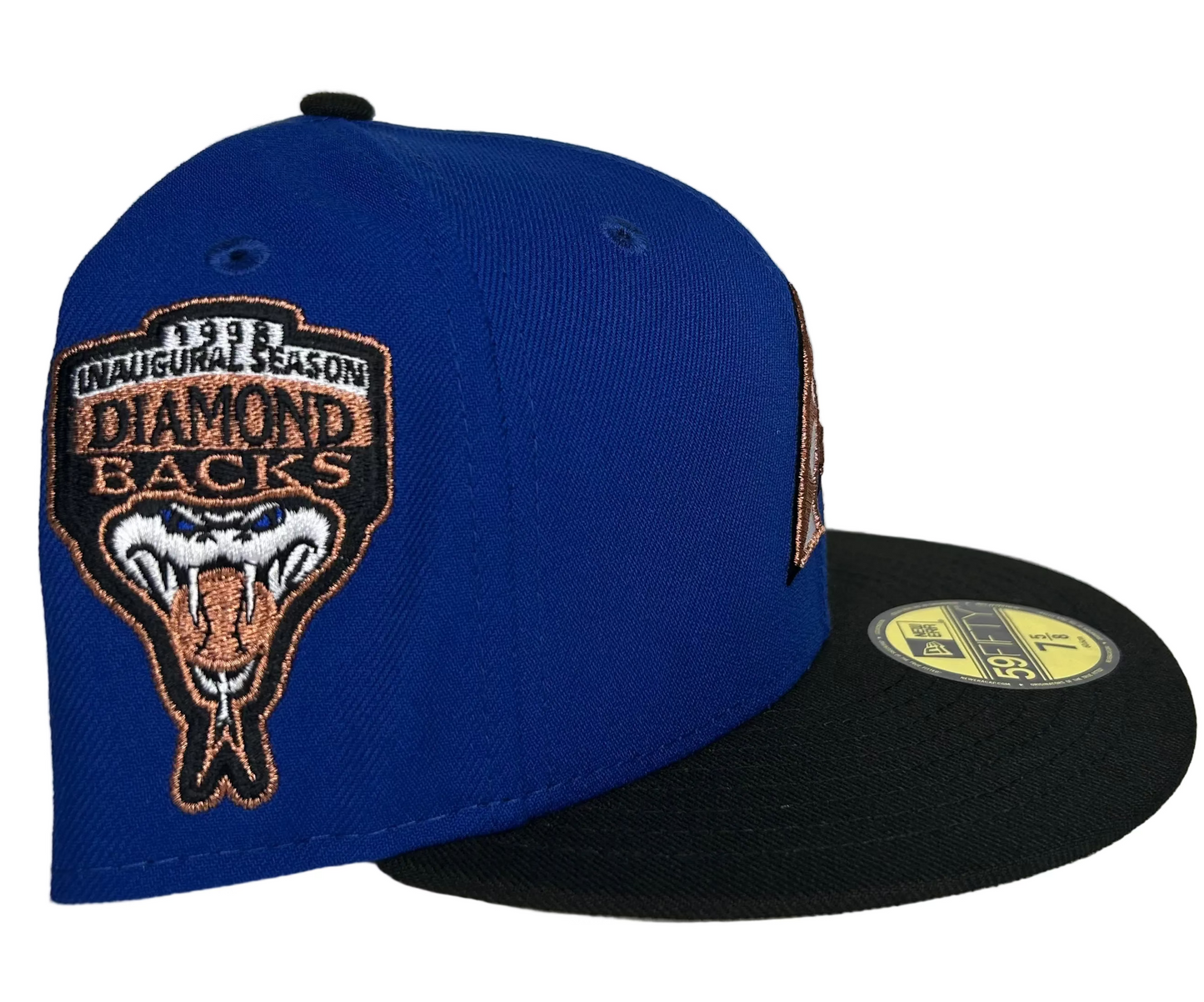 Arizona Diamondbacks Royal Black Hat God 5 Arrival Fitted World1803 1998 Inaugural Season Patch Gray UV 59FIFTY Fitted Hat.