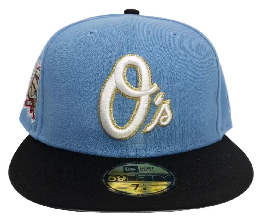 NEW ERA 59FIFTY BALTIMORE ORIOLES W/ a 50TH ANNIVERSARY SIDE PATCH.