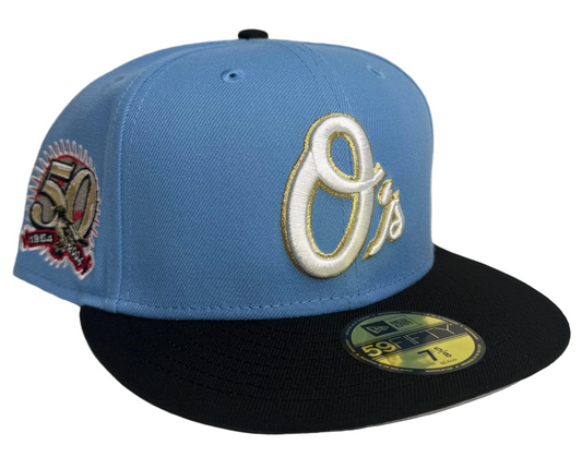 NEW ERA 59FIFTY BALTIMORE ORIOLES W/ a 50TH ANNIVERSARY SIDE PATCH.