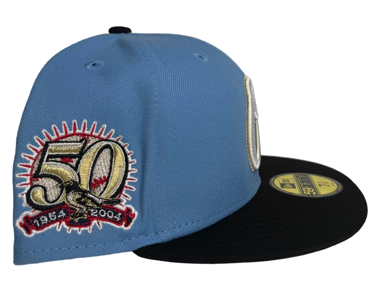 NEW ERA 59FIFTY BALTIMORE ORIOLES W/ a 50TH ANNIVERSARY SIDE PATCH.