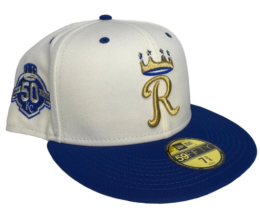 New Era Kansas City Royals 59FIFTY fitted cap features an off-white crown, royal blue visor, and a gold embroidered "R" logo with a crown on top.