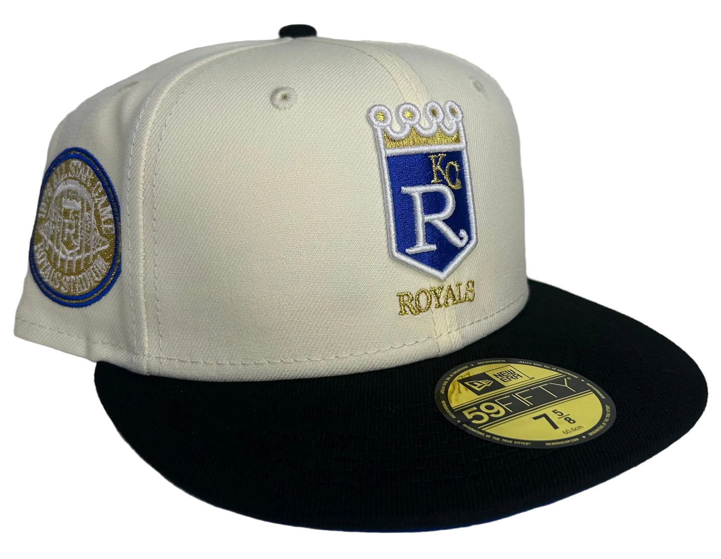 Kansas City Royals 59FIFTY fitted hat is produced by New Era and features a two-tone design with an off-white crown and a black brim. 
