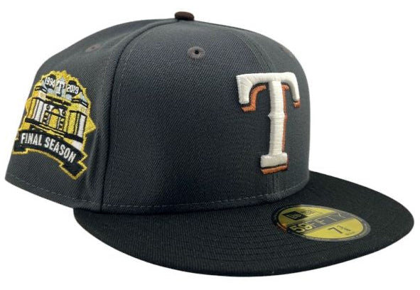 Texas Rangers Graphite and Black Final Season Patch Gray UV New Era 59FIFTY Fitted Hat.