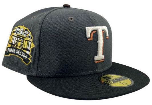 Texas Rangers Graphite and Black Final Season Patch Gray UV New Era 59FIFTY Fitted Hat.