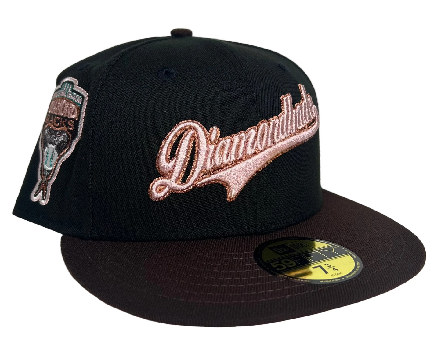 New Era Arizona Diamondbacks 59FIFTY fitted hat featuring a metallic script logo and a 1998 inaugural season side patch. 