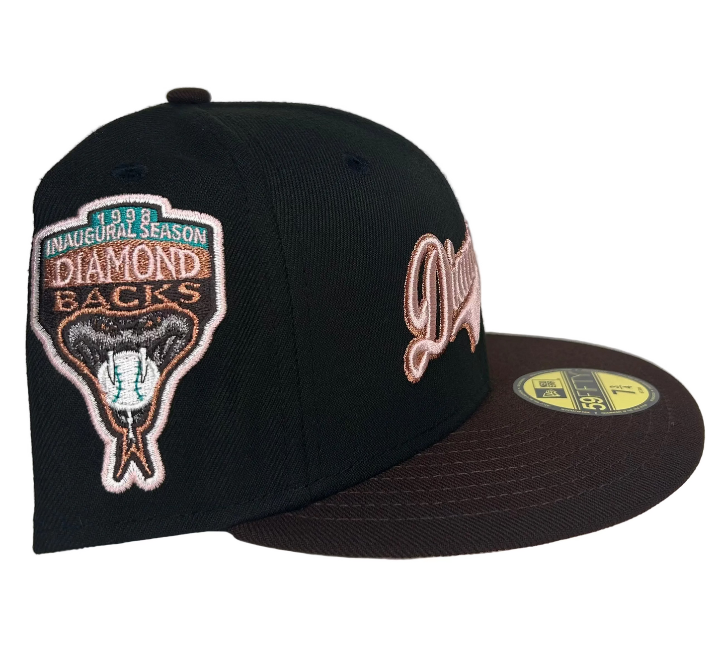 New Era Arizona Diamondbacks 59FIFTY fitted hat featuring a metallic script logo and a 1998 inaugural season side patch. 