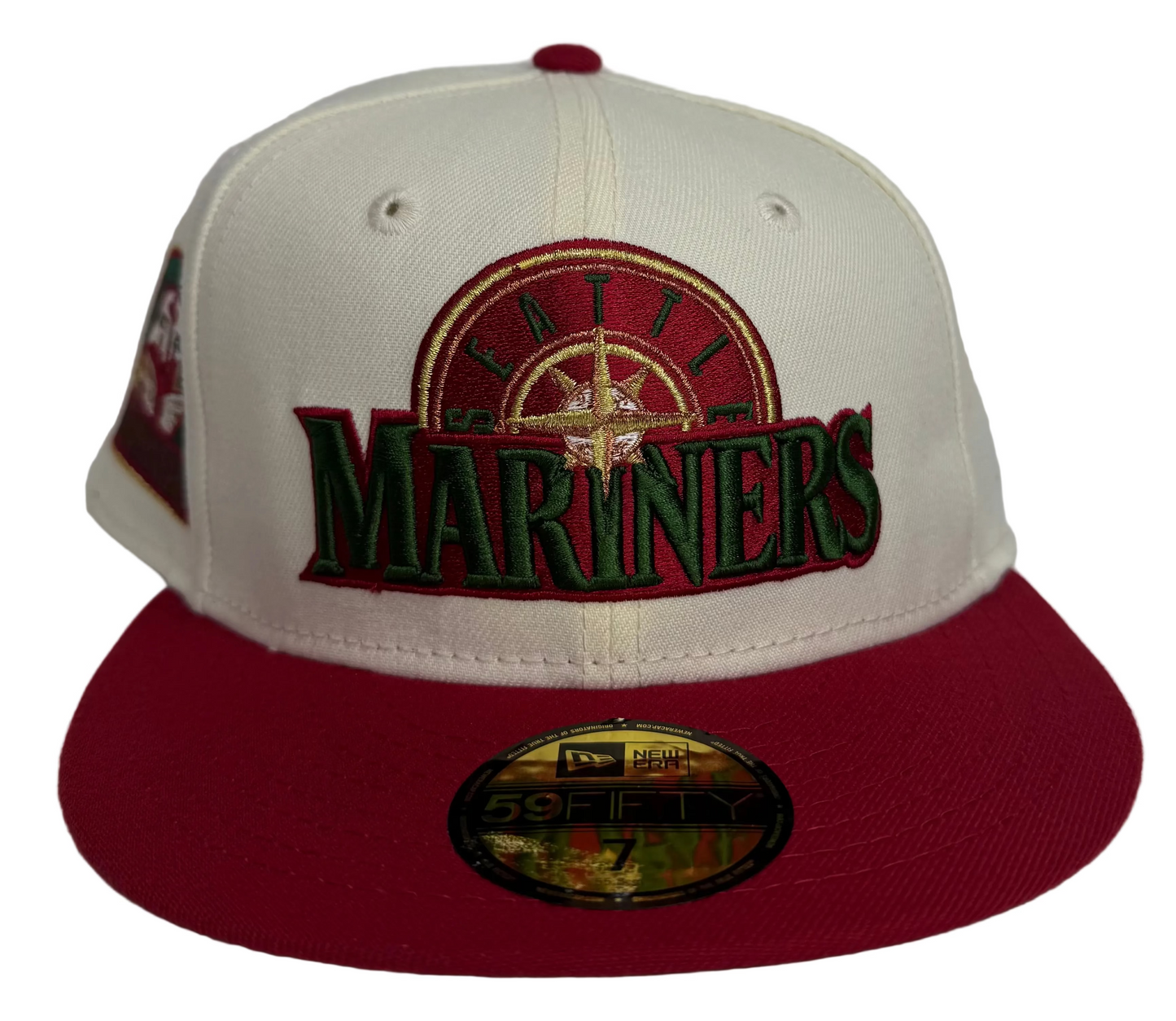 Seattle Mariners New Era 59Fifty 30th Anniversary Fitted Hat , Script (Chrome/Red) W/ a Green UV.