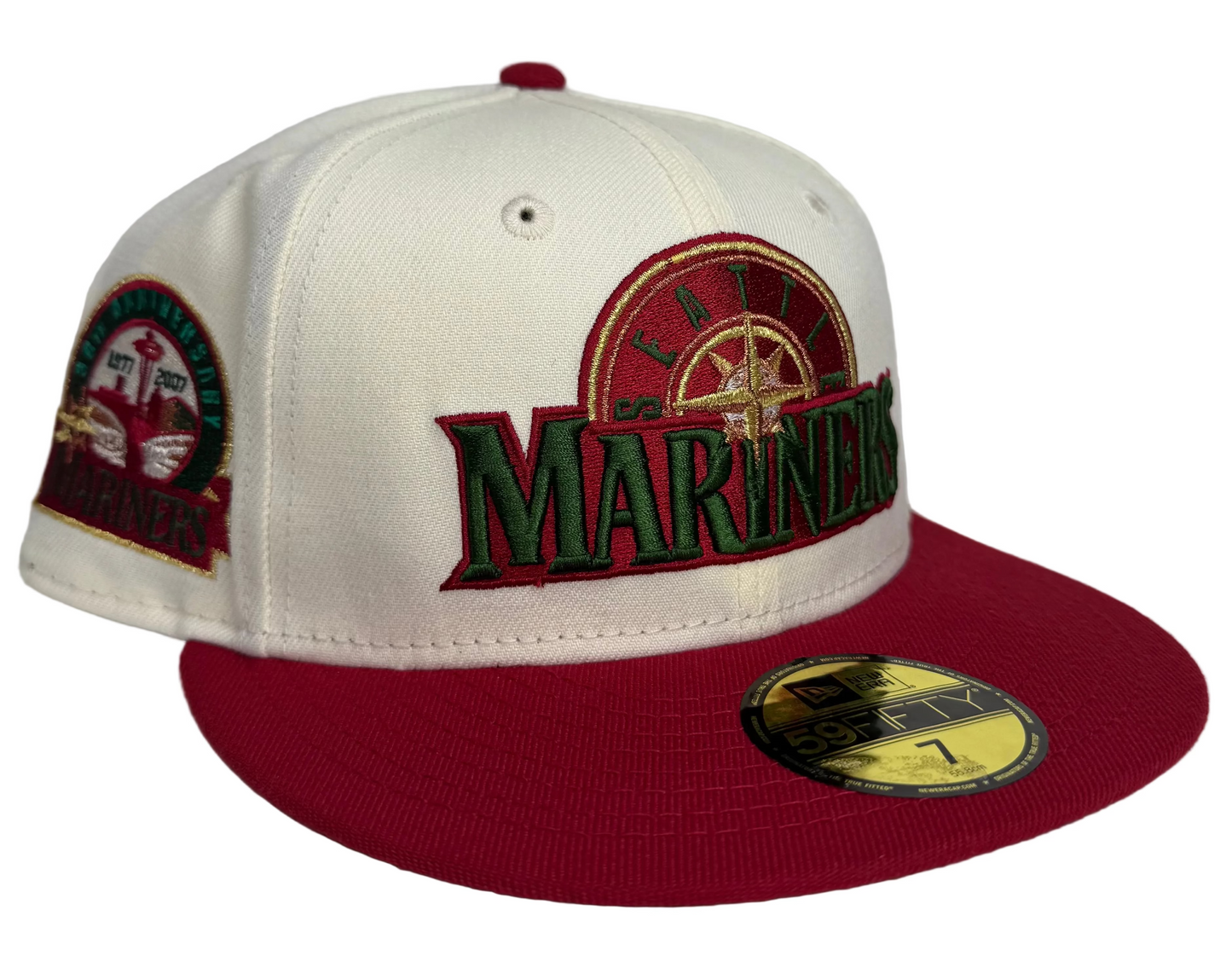 Seattle Mariners New Era 59Fifty 30th Anniversary Fitted Hat , Script (Chrome/Red) W/ a Green UV.