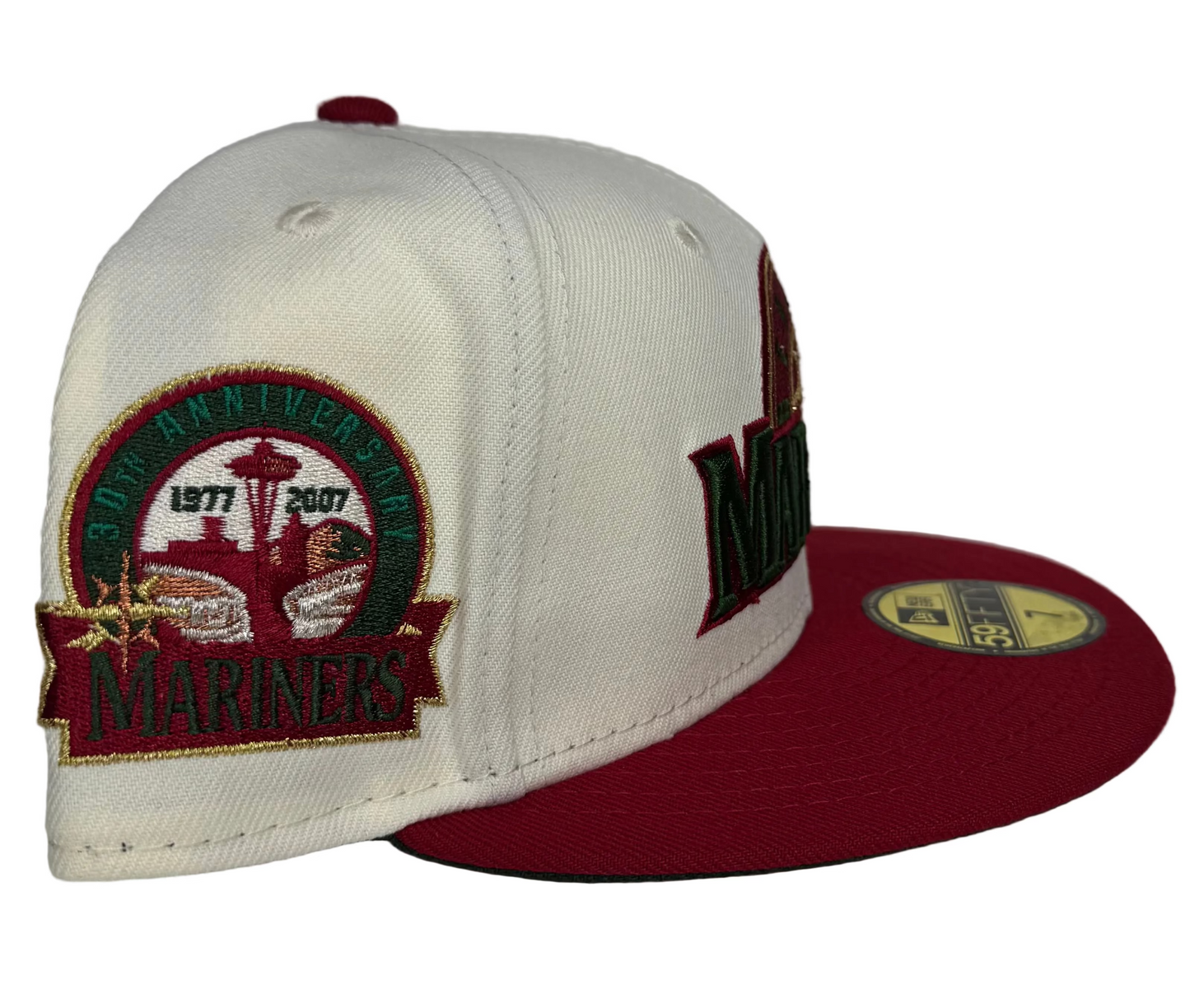 Seattle Mariners New Era 59Fifty 30th Anniversary Fitted Hat , Script (Chrome/Red) W/ a Green UV.