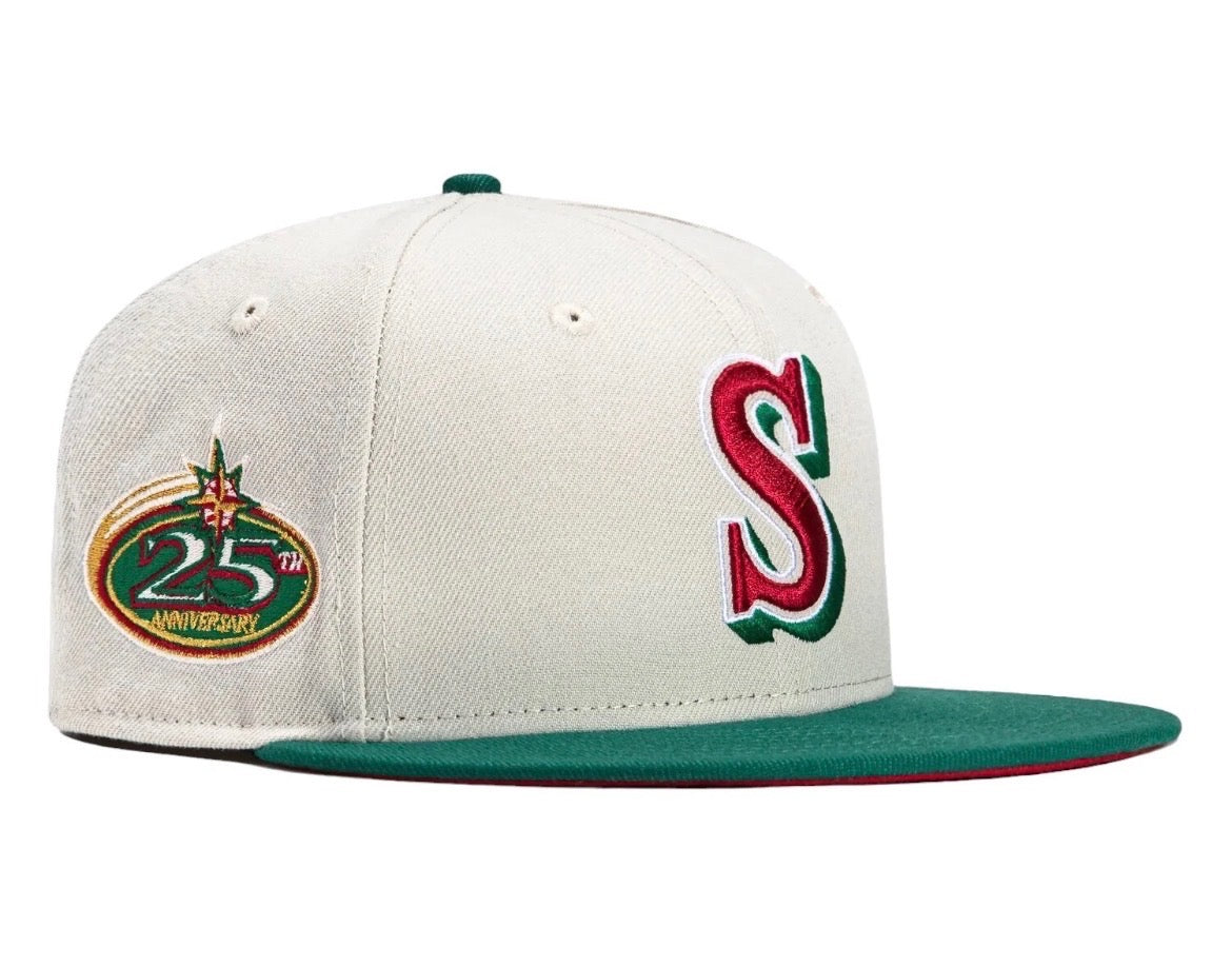 New Era Seattle Mariners Fields 59FIFTY Fitted Hat Stone 25th Year Patch.
