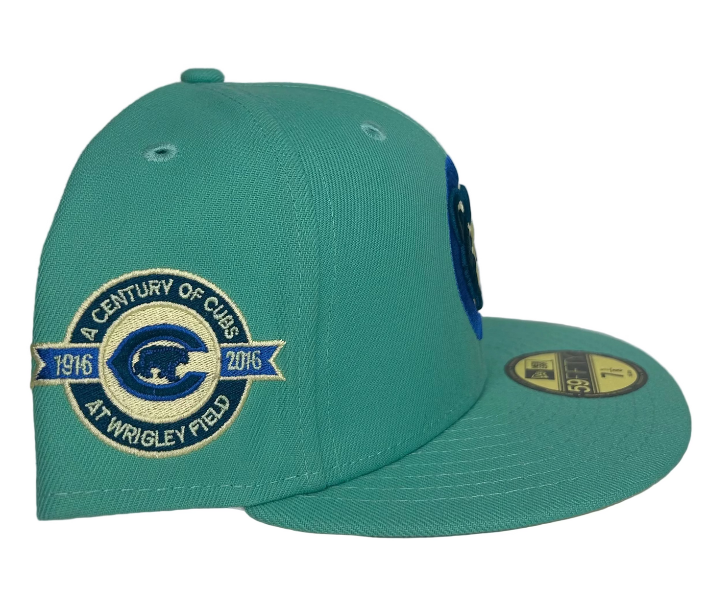 New Era 59Fifty fitted Chicago Cubs Hat Mint Green Teal Century at Wrigley New Era Alt Logo.