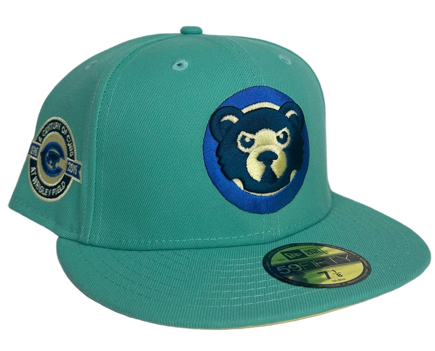New Era 59Fifty fitted Chicago Cubs Hat Mint Green Teal Century at Wrigley New Era Alt Logo.