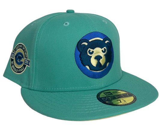 New Era 59Fifty fitted Chicago Cubs Hat Mint Green Teal Century at Wrigley New Era Alt Logo.