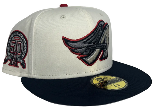 New Era Los Angeles Angels 59FIFTY fitted cap featuring a white "chrome" crown, a navy blue visor & commemorative side patch.