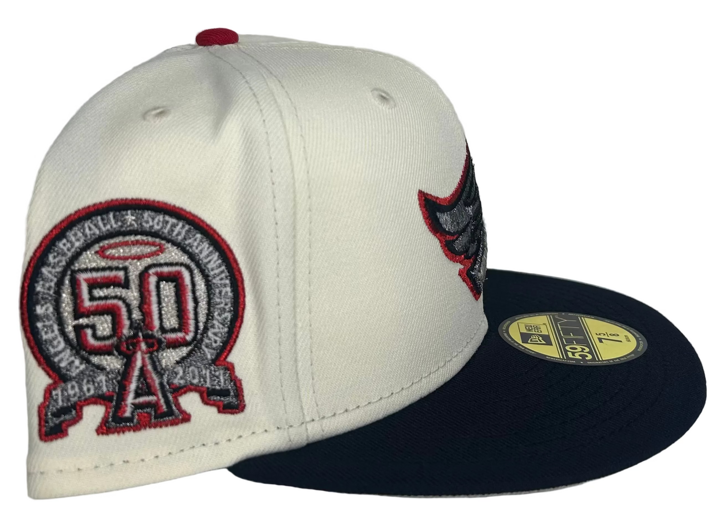 New Era Los Angeles Angels 59FIFTY fitted cap featuring a white "chrome" crown, a navy blue visor & commemorative side patch.