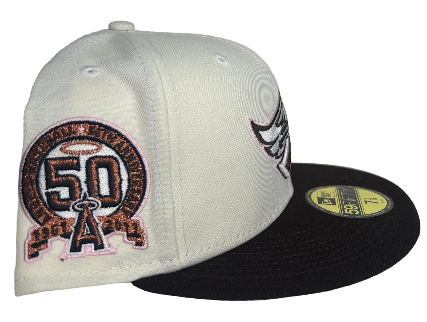 New Era Los Angeles Angels White/Brown  Cooperstown Collection 50th Anniversary Chrome & Pink UV 59FIFTY Fitted Hat.