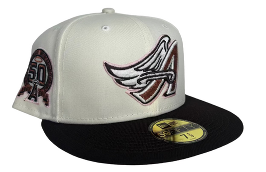 New Era Los Angeles Angels White/Brown  Cooperstown Collection 50th Anniversary Chrome & Pink UV 59FIFTY Fitted Hat.