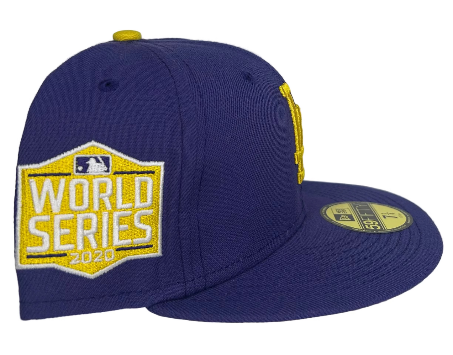 Los Angeles Dodgers “Lakers” Cross over W/ a 2020 WS Side Patch & a Yellow UV, New Era 59Fifty fitted Hat.