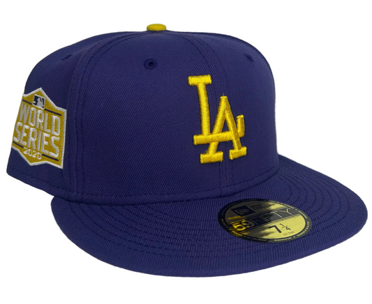 Los Angeles Dodgers “Lakers” Cross over W/ a 2020 WS Side Patch & a Yellow UV, New Era 59Fifty fitted Hat.