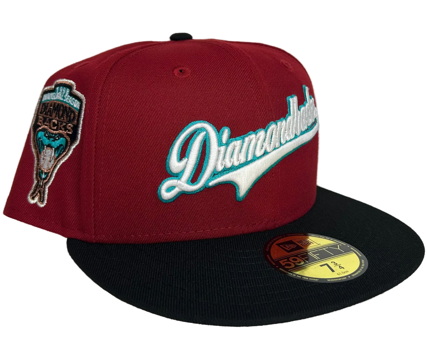 New Era Arizona Diamondbacks 59FIFTY fitted hat, featuring a red crown, black visor, & a 1998 Inaugural Side Patch W/ a Pink UV.