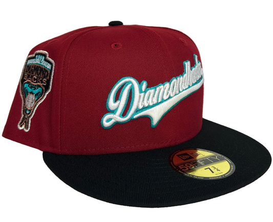 New Era Arizona Diamondbacks 59FIFTY fitted hat, featuring a red crown, black visor, & a 1998 Inaugural Side Patch W/ a Pink UV.