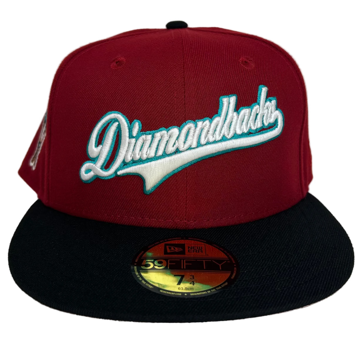 New Era Arizona Diamondbacks 59FIFTY fitted hat, featuring a red crown, black visor, & a 1998 Inaugural Side Patch W/ a Pink UV.