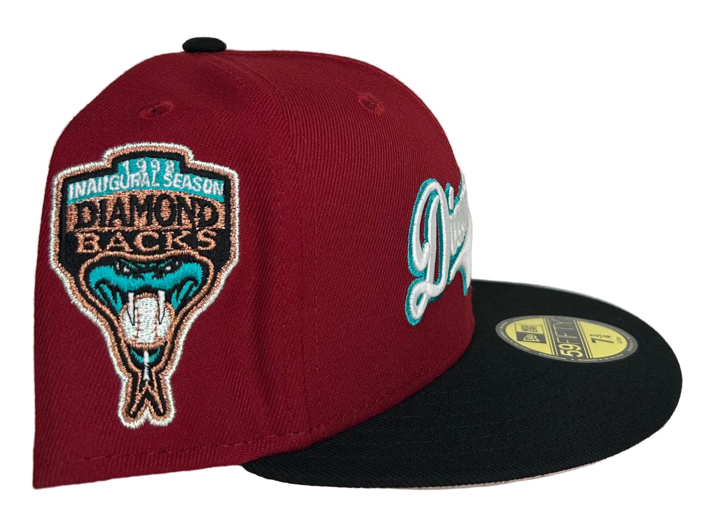 New Era Arizona Diamondbacks 59FIFTY fitted hat, featuring a red crown, black visor, & a 1998 Inaugural Side Patch W/ a Pink UV.