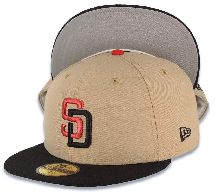 San Diego Padres New Era 59FIFTY Fitted Hat Khaki Crown Black Visor Metallic Red/Black Logo Gray UV.