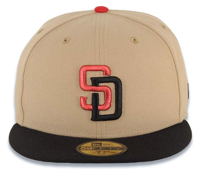 San Diego Padres New Era 59FIFTY Fitted Hat Khaki Crown Black Visor Metallic Red/Black Logo Gray UV.