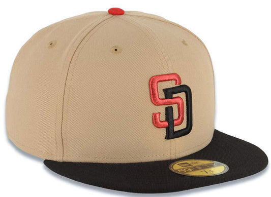 San Diego Padres New Era 59FIFTY Fitted Hat Khaki Crown Black Visor Metallic Red/Black Logo Gray UV.