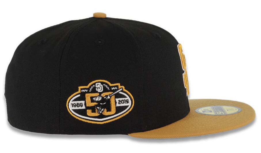 San Diego Padres New Era 59FIFTY Fitted Hat Black Crown Tan Visor Tan/White Logo 50th Anniversary Side Patch Gray UV.