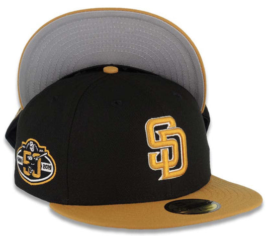 San Diego Padres New Era 59FIFTY Fitted Hat Black Crown Tan Visor Tan/White Logo 50th Anniversary Side Patch Gray UV.